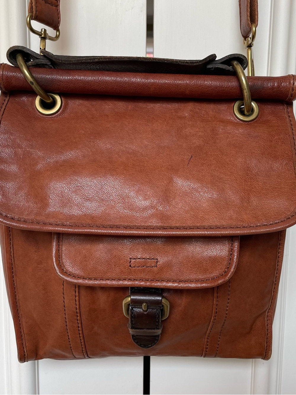 Fossil Long Live Vintage 1954 Cognac Leather Crossbody Satchel Bag
